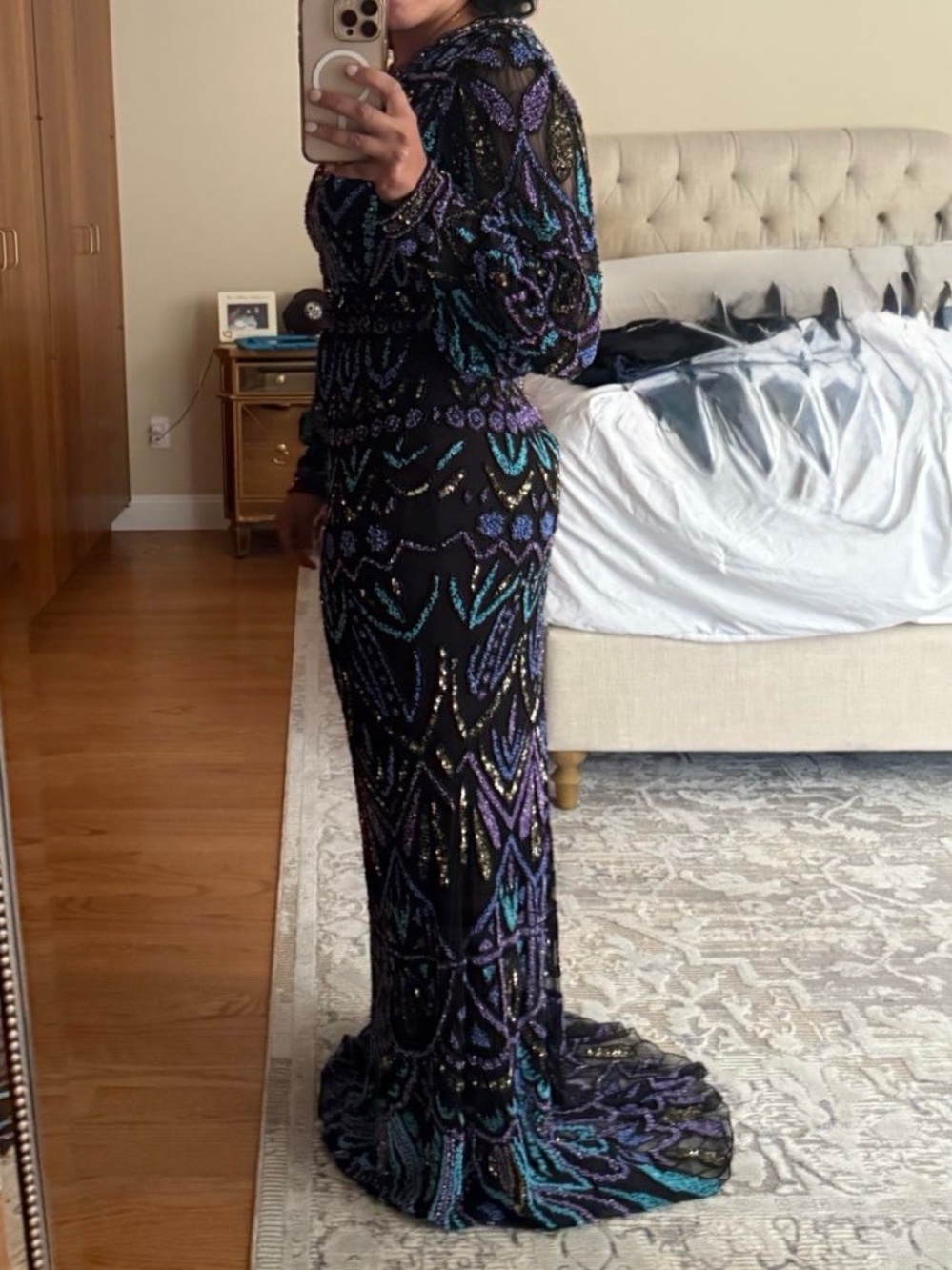 Women's Long Sequin Evening Gown - Black with Multicolor Accents